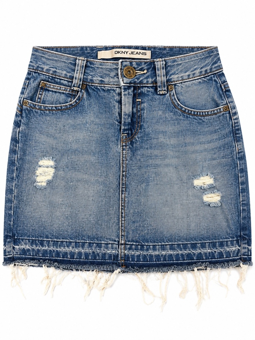 DKNY Blue Distressed Denim Mini Skirt with Frayed Hem | Size 8